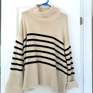 24/7 Split - Hem Turtleneck Sweater - Fall 2023 Beige and Breton Stripe